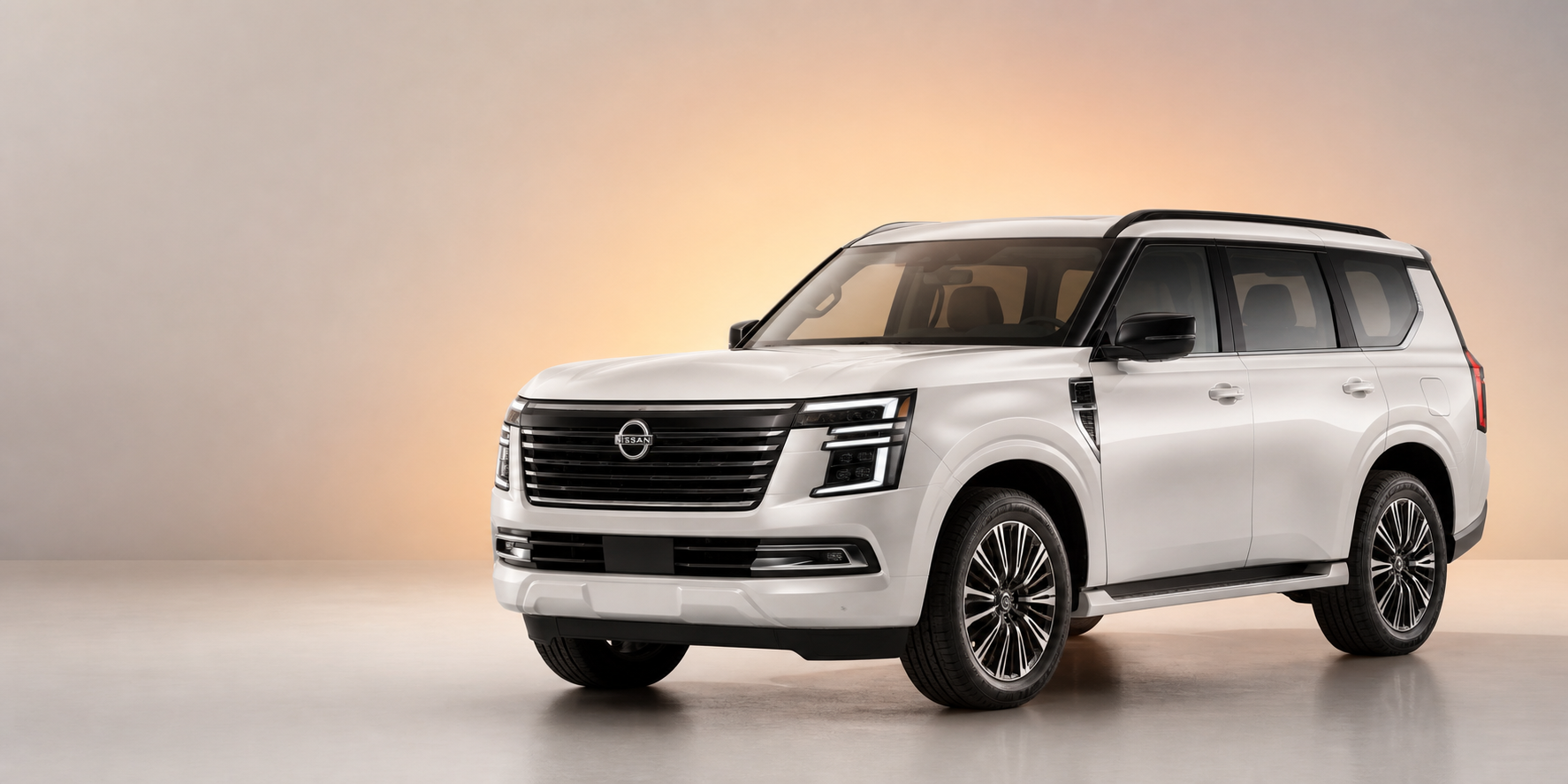 Illustrative pearl white 2027 Nissan Patrol in the GSAT studio style