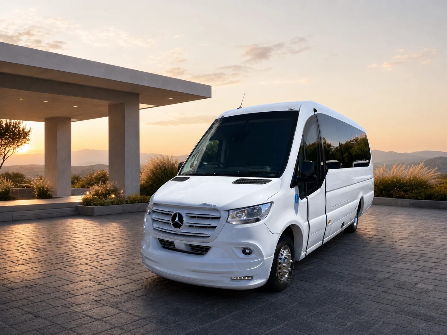 White Mercedes-Benz Sprinter Ferqui Sunset midi coach exterior