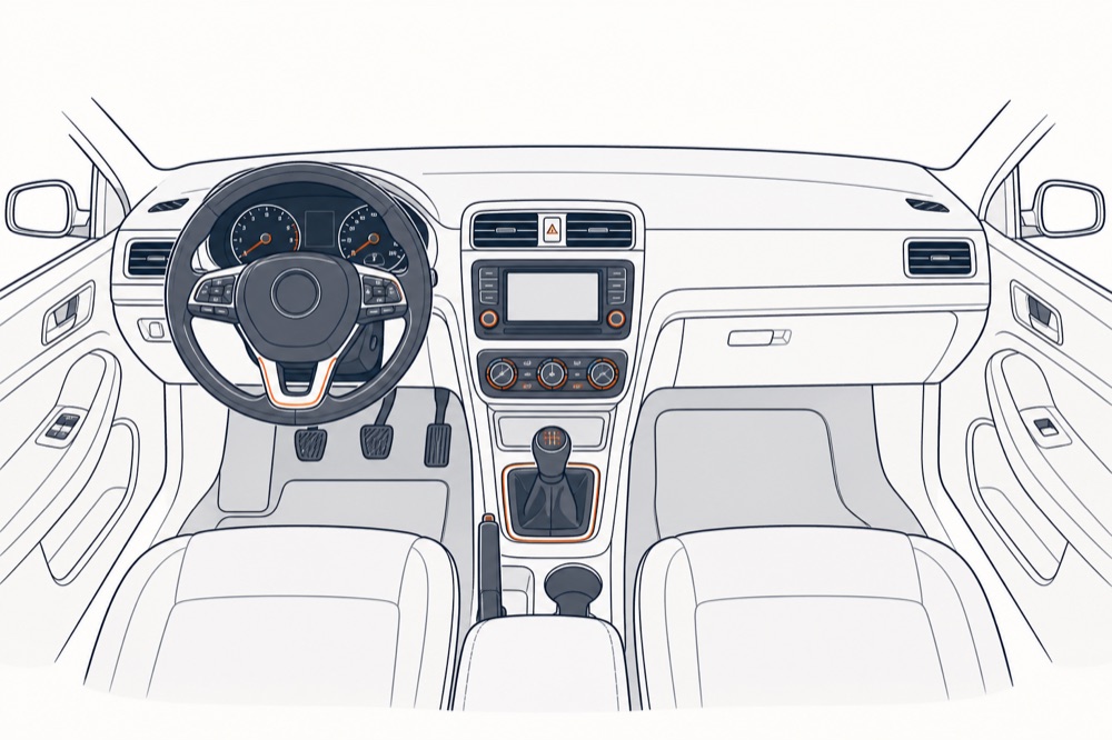 Flat technical illustration of a left-hand-drive dashboard