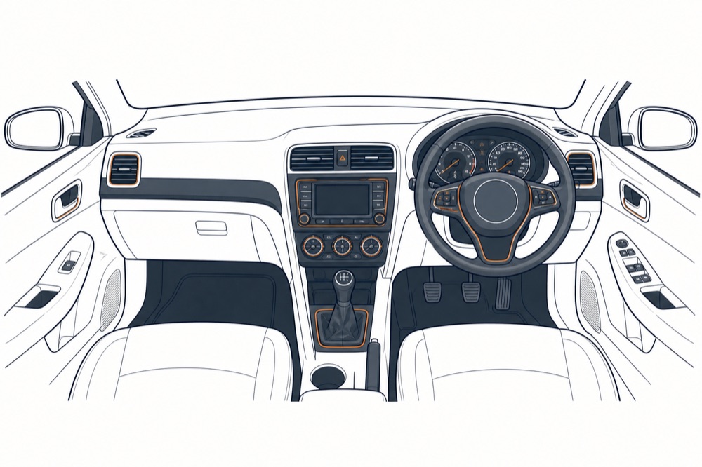 Flat technical illustration of a right-hand-drive dashboard