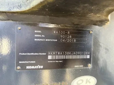 KOMATSU WA100-8 WHEEL LOADER (No.J0803) for export from Japan